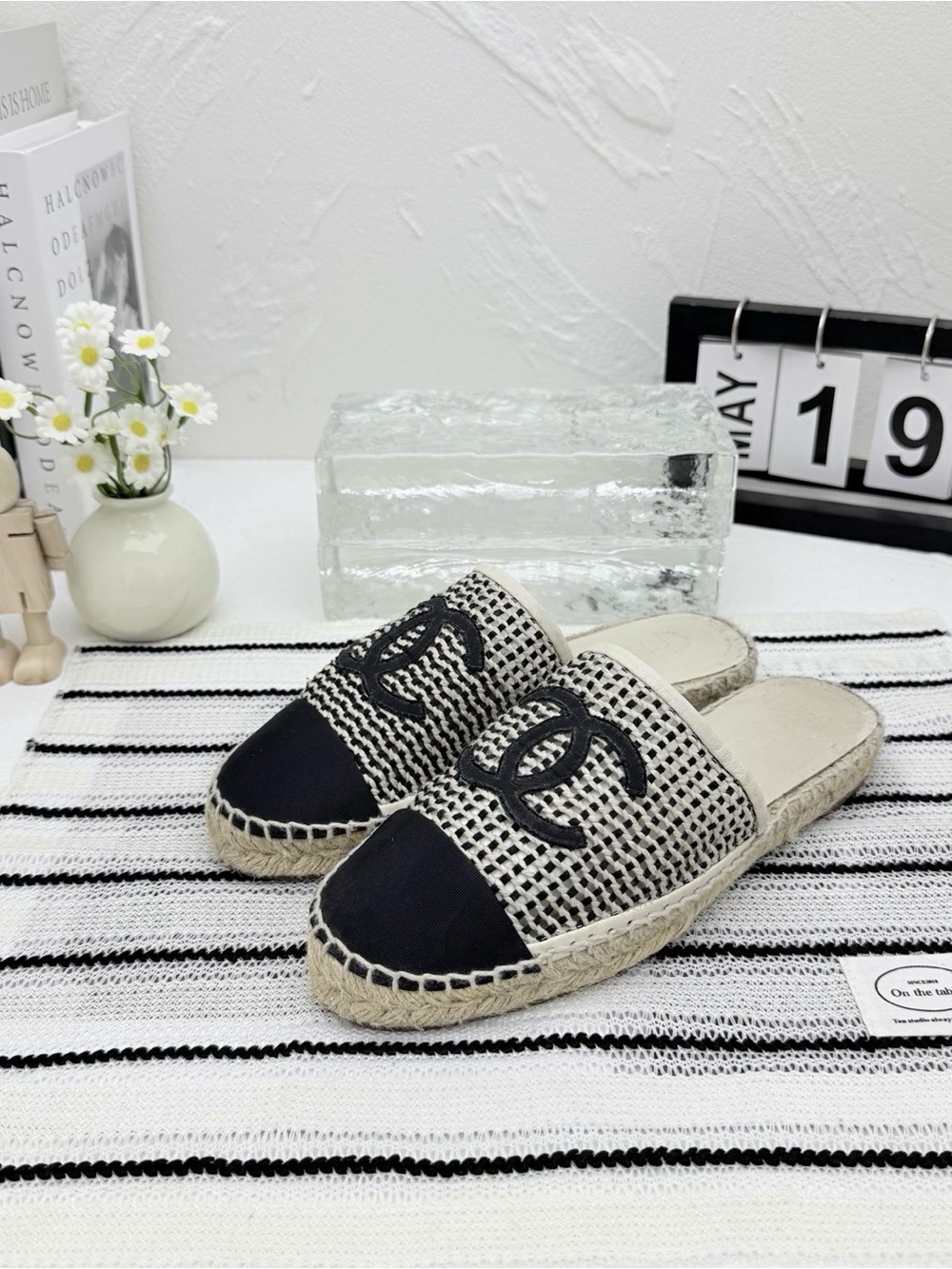 CHANEL Black and Cream Woven Espadrille Mules with Logo